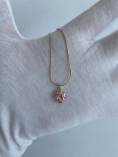Pembe Kuvars Taşlı Sarı Gümüş Kolye - 1