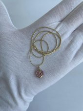 Pembe Kuvars Taşlı Sarı Gümüş Kolye - 2