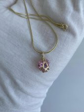 Pembe Kuvars Taşlı Sarı Gümüş Kolye - 3