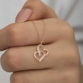 925 Ayar Gümüş Rose Birleşmiş Kalpler Kadın Gümüş Kolye - 4