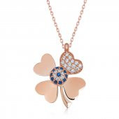 925 Ayar Gümüş Rose Nazarlı Dört Yapraklı Yonca Kadın Gümüş Kolye thumbnail 1