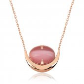 925 Ayar Gümüş Pembe Kedi Gözü Taşlı Hilal Kolye thumbnail 1