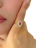 Minik Baget Yakut Taşlı Özel Tasarım Trend Tarz 14 Ayar Altın Yüzük - 4