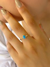 Minimal Tasarım Doğal Turkuaz Taş 14 Ayar Altın Yüzük - 2