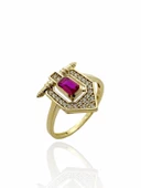 Minik Baget Yakut Taşlı Özel Tasarım Trend Tarz 14 Ayar Altın Yüzük - 3