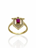 Minik Baget Yakut Taşlı Özel Tasarım Trend Tarz 14 Ayar Altın Yüzük - 1