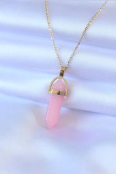 316L Çelik Gold Renk Kristal Pembe Taş Model Kadın kolye thumbnail 1