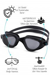 Swimmer PRO Buğu Yapmaz Antifog Yüzücü Gözlüğü Bone SET UV Korumalı Yüzme Havuz Deniz Gözlük Siyah - 3