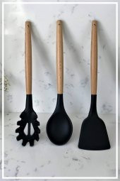Hazarpazar Bambu Saplı Silikon Kaşık & Spatula & Spagetti - Siyah - 1