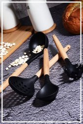 Bambu Saplı Silikon Kaşık & Kepçe & Kevgir & Spagetti 4lü Set - Siyah - 1