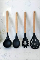 Bambu Saplı Silikon Kaşık & Kepçe & Kevgir & Spagetti 4lü Set - Siyah - 2