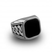 Kare Siyah Oniks Taşlı 925 Ayar Erkek Gümüş Yüzük thumbnail 1