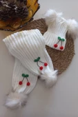 MARS BABY Kız Erkek Unisex Bebek Çocuk Ekru Krem Ponpon Kiraz Figürlü Ponponlu Atkı Bere Takımmı - 1
