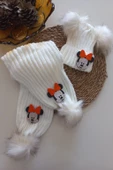 MARS BABY Kız Erkek Unisex Bebek Çocuk Krem Turuncu Minnie Figürlü Ponponlu Atkı Bere Takımı - 1