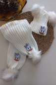 MARS BABY Kız Erkek Unisex Bebek Çocuk Ekru Krem Daisy Ördek Figürlü Ponponlu Atkı Bere Takımı - 1