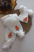 MARS BABY Kız Erkek Unisex Bebek Çocuk Ekru Krem Turuncu Çakıl Figürlü Ponponlu Atkı Bere Takımı - 1