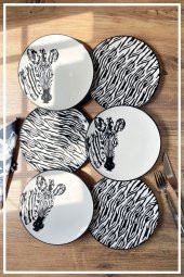 Hazarpazar El Yapımı 6lı Lüx Seramik Pasta Servis Seti - Zebra Desen - 1