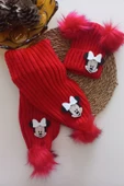 MARS BABY Kız Erkek Unisex Bebek Çocuk Beyaz Mickey Minnie Kırmızı Ponponlu Atkı Bere Takımı - 1
