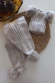 MARS BABY Kız Erkek Unisex Bebek Çocuk Bej Ponponlu Atkı Bere Takımı - 1