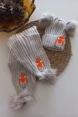 MARS BABY Kız Erkek Unisex Bebek Çocuk Bej Turuncu Çakıl Figürlü Ponponlu Atkı Bere Takımı - 1