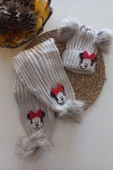 MARS BABY Kız Erkek Unisex Bebek Çocuk Bej Kırmızı Mickey Minnie Ponponlu Atkı Bere Takımı - 1