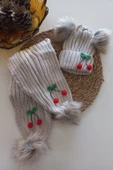 MARS BABY Kız Erkek Unisex Bebek Çocuk Bej Kırmızı Ponpon Kiraz Figürlü Ponponlu Atkı Bere Takımı - 1