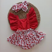 MARS BABY Kız Bebek Kırmızı Karpuz Desenli Fırfırlı Salopet Bandana Takım - 1