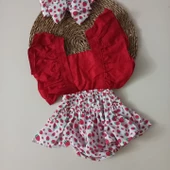 MARS BABY Kız Bebek Kırmızı Çilek Desenli Fırfırlı Salopet Bandana Takım - 1