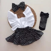 MARS BABY Kız Bebek Siyah Puantiye Desenli Fırfırlı Salopet Bandana File Çorap Takım - 1