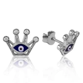 Lucky Life 925 Ayar Gumuss Nazarlı Kraliçe Tacı Çivili Küpe - 1