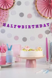 Mor Half Birthday Yazılı Banner, Yarım Yaş Partisi, Doğum Günü Süsü, Simli Eva Banner - 1