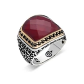 Lucky Life 925 Ayar Gumuss Yakut Renk Kırmızı Taşlı Erkek Yüzük - 1