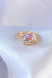 Gold Renk Pembe Kare Zirkon Taş Model Pirinç Kadın Yüzük thumbnail 2