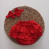 MARS BABY Kız Bebek Kırmızı Fırfır Şort Etek ve Bandana Takımı - 1