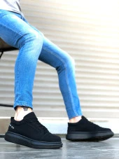 BA0548 BOA Kalın Yüksek Siyah Taban Siyah Bağcıklı Spor Erkek Ayakkabı thumbnail 2