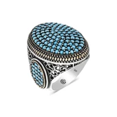 Lucky Life 925 Ayar Gumuss Turkuaz Zirkon Taşlı Oval Erkek Yüzük - 1