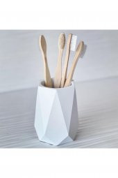 Dekoratif Beton Saksı & Kalemlik & Diş Fırçalık Beyaz - 1