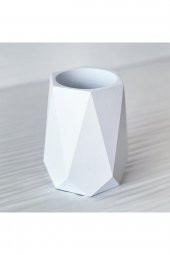 Dekoratif Beton Saksı & Kalemlik & Diş Fırçalık Beyaz - 3