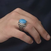 Lucky Life 925 Ayar Gumuss Zirkon Turkuaz Taşlı Oval Erkek Yüzük - 1