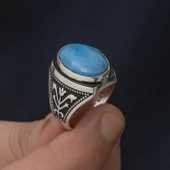 Lucky Life 925 Ayar Gumuss  Zirkon Turkuaz Taşlı Oval Erkek Yüzük - 5