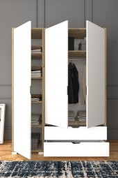 Midoser Nisan Açık Ceviz-Beyaz 3 Kapılı 2 Çekmeceli Elbise Dolabı - Gardırop Seti - 1
