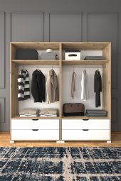 Midoser Nisan Açık Ceviz-Beyaz 4 Kapılı 4 Çekmeceli Elbise Dolabı - Gardırop Seti - 1