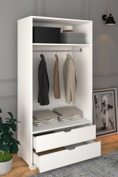 Midoser 90 Cm Mat Beyaz 2 Kapılı 2 Çekmeceli Elbise Dolabı - Gardırop - 1