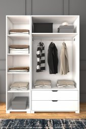 Midoser Duru Mat Beyaz 3 Kapılı 2 Çekmeceli Elbise Dolabı - Gardırop Seti - 1