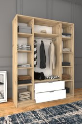Midoser Nisan Açık Ceviz-beyaz 140 Cm 4 Kapılı 2 Çekmeceli Elbise Dolabı - Gardırop - 1