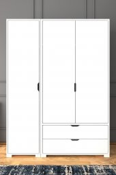 Midoser Duru Mat Beyaz 3 Kapılı 2 Çekmeceli Elbise Dolabı - Gardırop Seti - 2