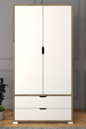 Midoser 90 Cm Açık Ceviz-beyaz 2 Kapılı 2 Çekmeceli Elbise Dolabı - Gardırop - 1