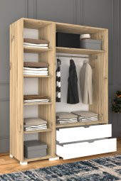 Midoser Nisan Açık Ceviz-Beyaz 3 Kapılı 2 Çekmeceli Elbise Dolabı - Gardırop Seti - 2