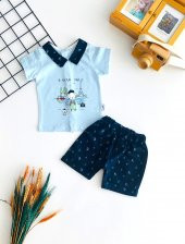 Neşeli Bebekler Polo Yaka Baskılı Sırttan Çıtçıtlı Yazlık Takım Mavi thumbnail 1