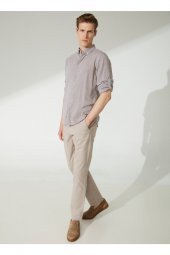 Slim Fit Düğmeli Yaka Düz Açık Kahve Erkek Gömlek Gm1008400238 - 3